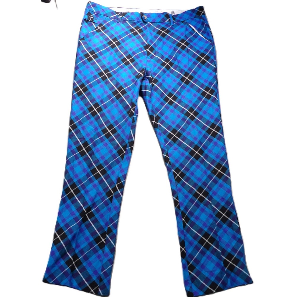 Royal & Awesome Men Golf Pants Blue Plaid Trews Tartan Stretch Flat Front 36x30